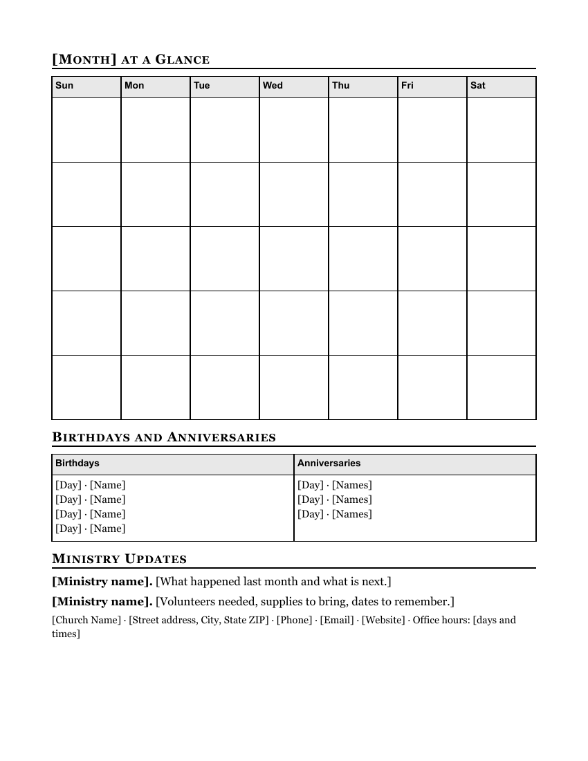 Monthly Church Newsletter, back: the month's calendar, birthdays and anniversaries, ministry updates