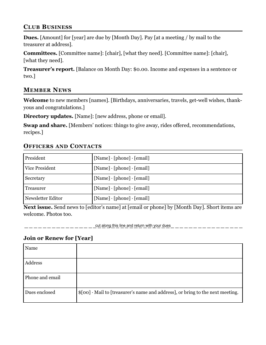 Club Newsletter, back: club business, member news, officers, and a cut-off form to join or renew