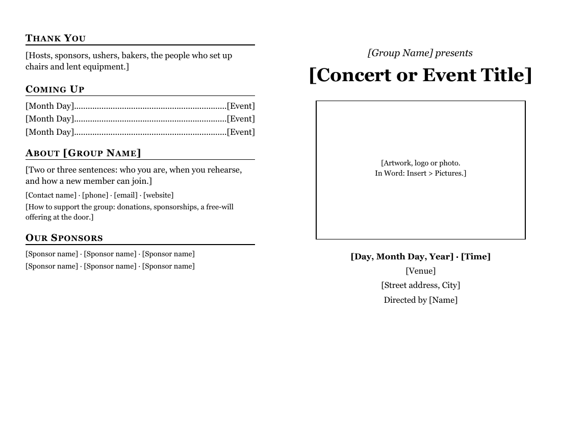 Concert or Event Program, outside: thanks, coming events and sponsors on the back; title and cover art on the front