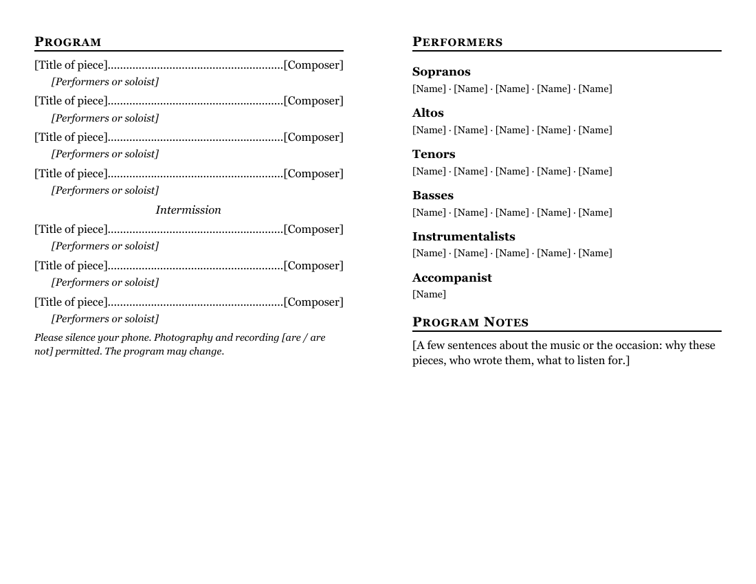 Concert or Event Program, inside: the program on the left, performers and program notes on the right