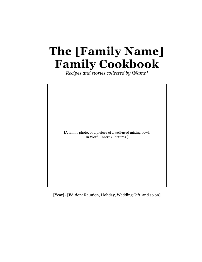 Family Cookbook Recipe Pages, the cover, with a box for a family photo