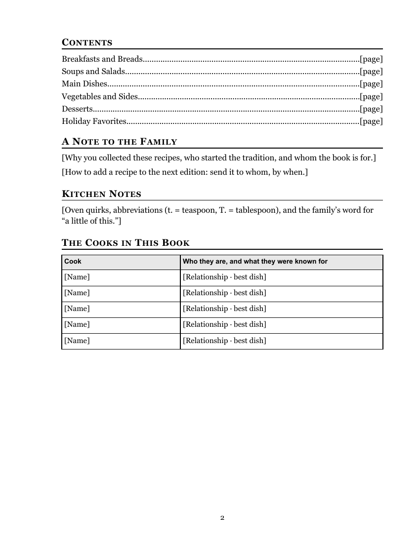 Family Cookbook Recipe Pages, contents, a note to the family, kitchen notes and the cooks in this book
