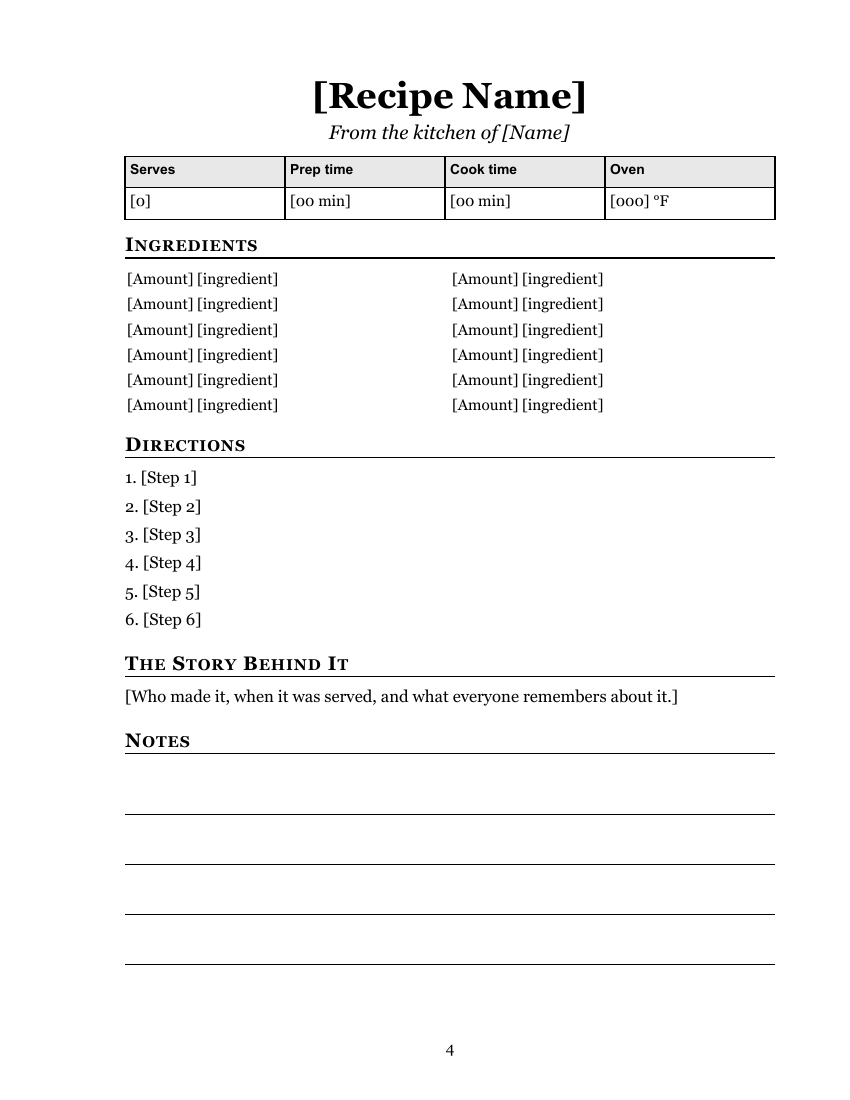 Family Cookbook Recipe Pages, a second recipe page, ready to copy for each new recipe
