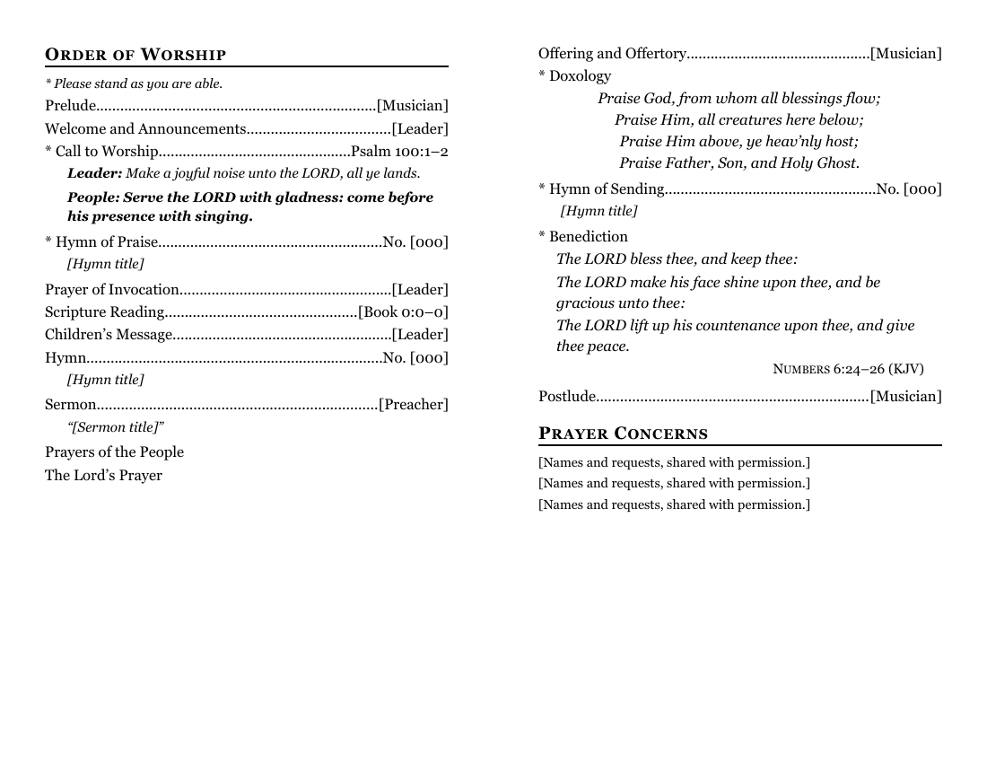 Folded Sunday Bulletin, page 2, the inside: the order of worship across both panels