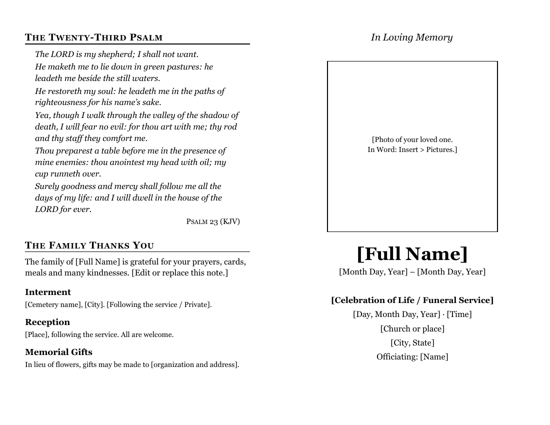Funeral or Memorial Service Program, outside: Psalm 23 and the family's thanks on the back, the photo and service details on the front