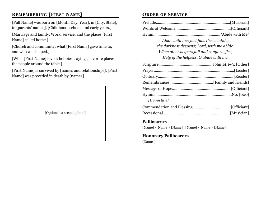 Funeral or Memorial Service Program, inside: the life story on the left, the order of service on the right