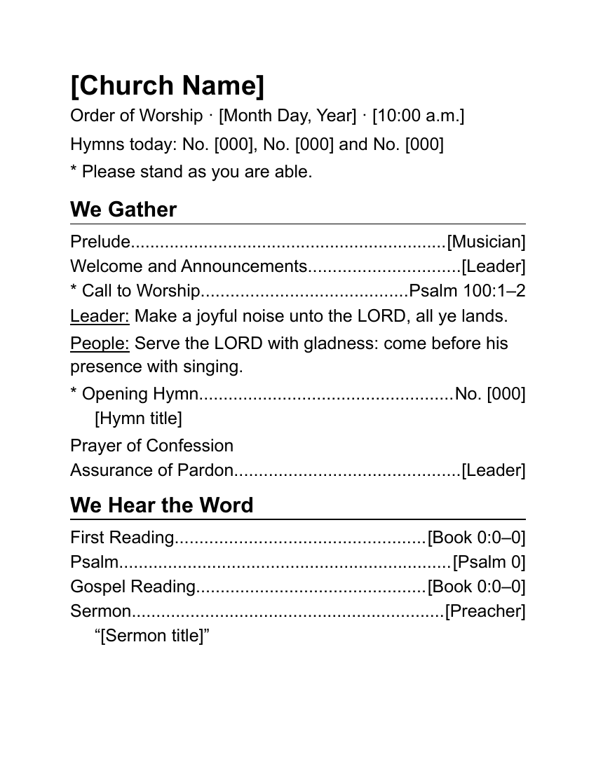 Large-Print Order of Worship, front: gathering and the readings, with today's hymn numbers