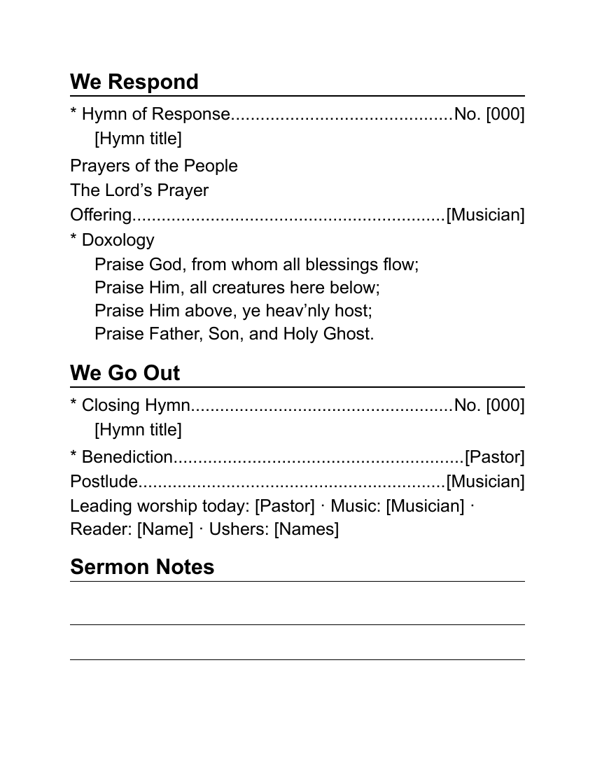 Large-Print Order of Worship, back: the response and sending, with lines for sermon notes