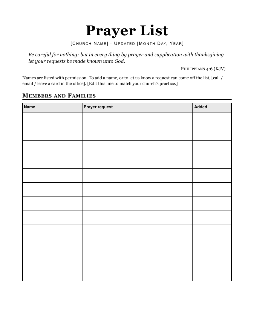 Prayer List, front: the verse, a note about permission, and the main list