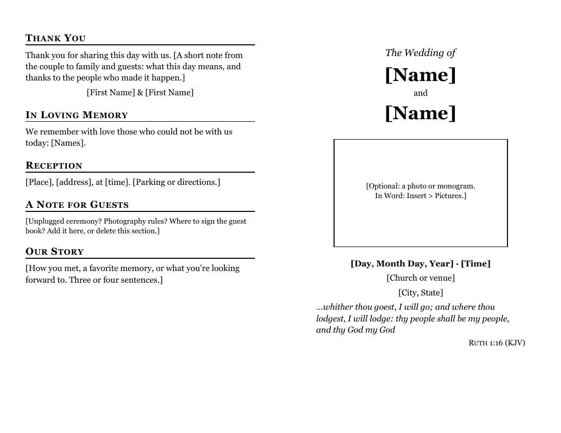 Wedding Program, outside: thank-you, remembrance and reception on the back; the names, date and place on the front