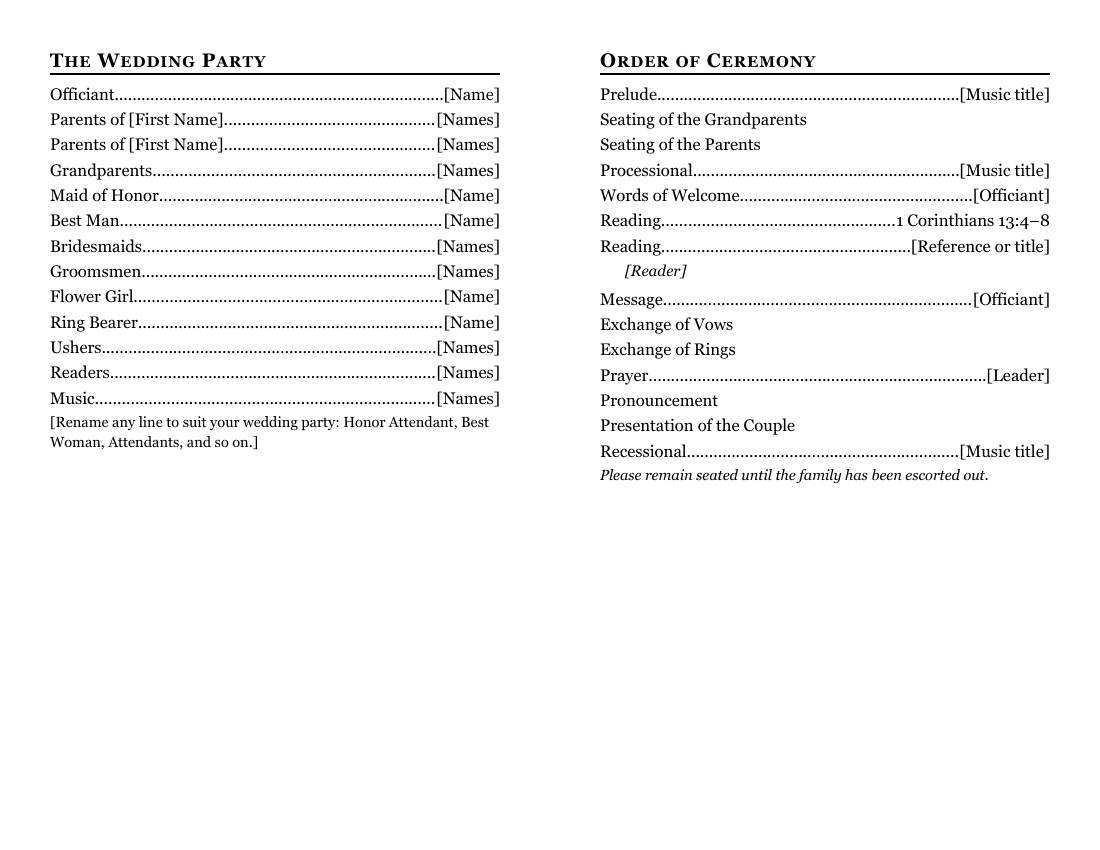 Wedding Program, inside: the wedding party and the order of ceremony